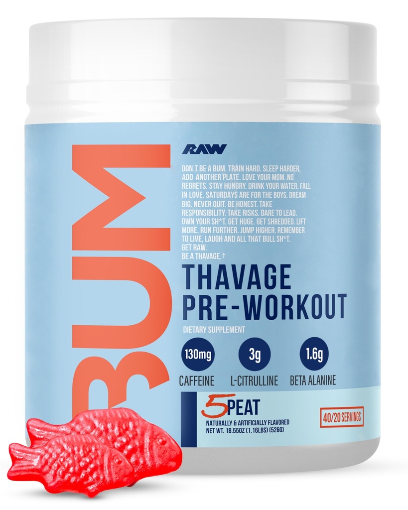 RAW Pre 운동 분말, Thavage (5 Peat, Red Gummy) - Men & Women을위한 Chris Bumstead 스포츠 영양 보충 - Cbum Pre Workout for Working Out, Hydration, Mental Focus & Energy - 40 서빙