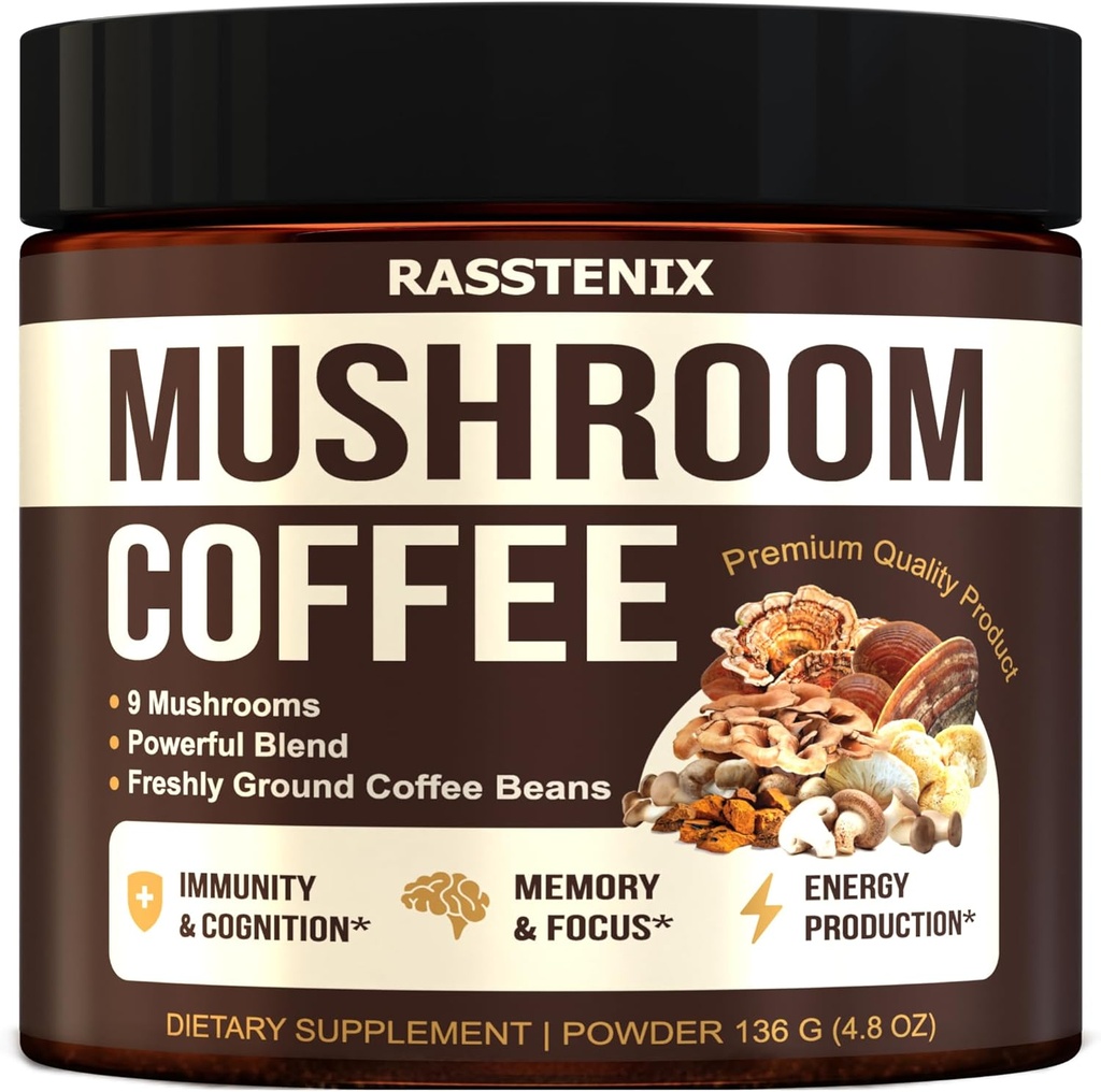 버섯 혼합 - 9 버섯 적응 혼합 - 사자 Mane, Chaga, Vitamins - Medium Dark Roast - Instant - Immune 지원 - 글루텐 무료 및 설탕 무료