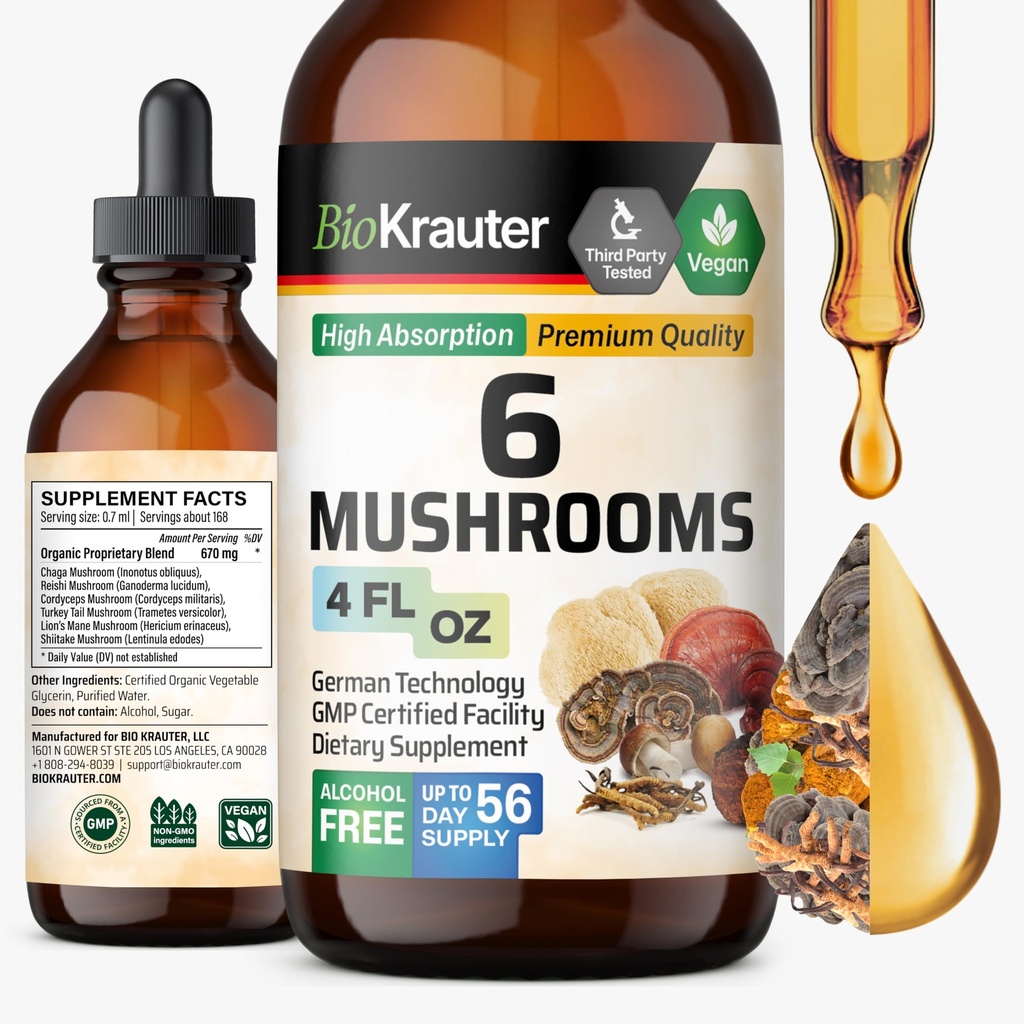 BIO KRAUTER 6 버섯 보충 6-in-1 - 사자 Mane, Shiitake, 터키 꼬리, Cordyceps, Reishi & Chaga 액체 추출물 - 버섯 Complex Tincture - Vegan Drop 4 Fl.Oz.