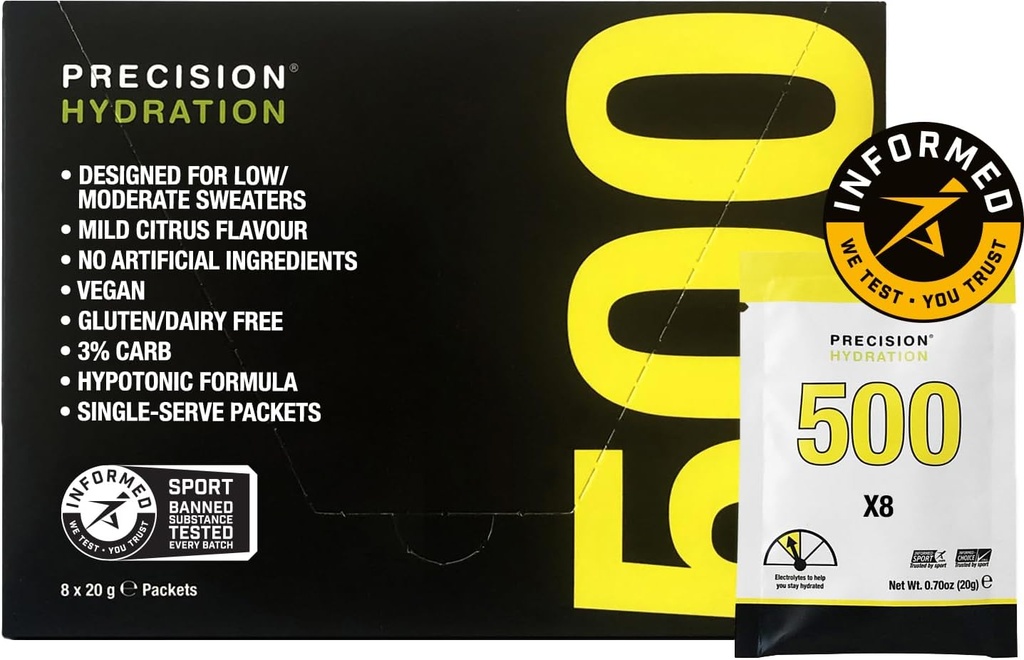 Precision Hydration Electrolyte 음료 혼합 - 모든 자연적인 다 힘 Electrolyte 분말 - 개인적인 방수 서빙 - 글루텐/Dairy 무료 (500mg/L - 황색 패킷, 8 팩)