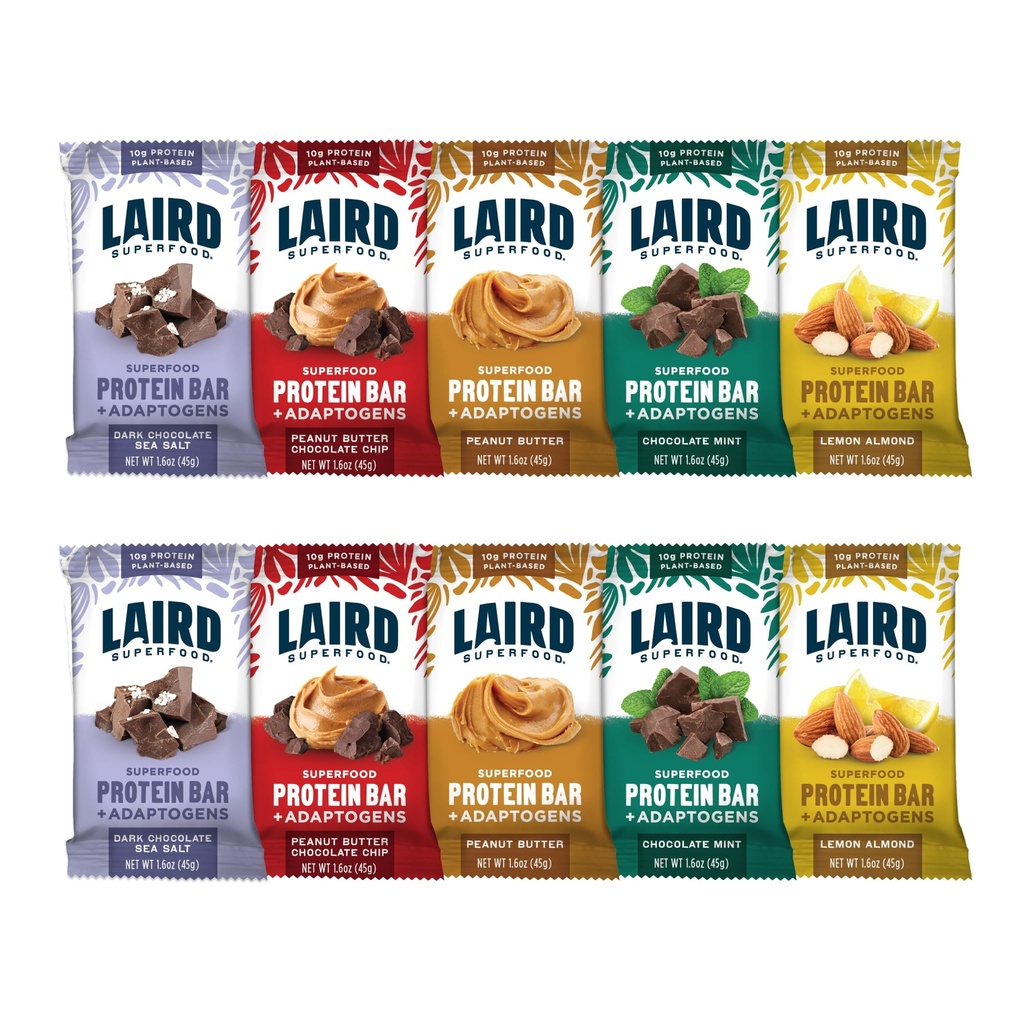 Laird Superfood Functional Protein Bar – 단백질 바는 물론 Real Ingredients, Functional Mushrooms 10g Plant-Based Protein, 6g Fiber - Non-GMO - 5 가지 맛 다양성 팩, 10 개 (팩 1)