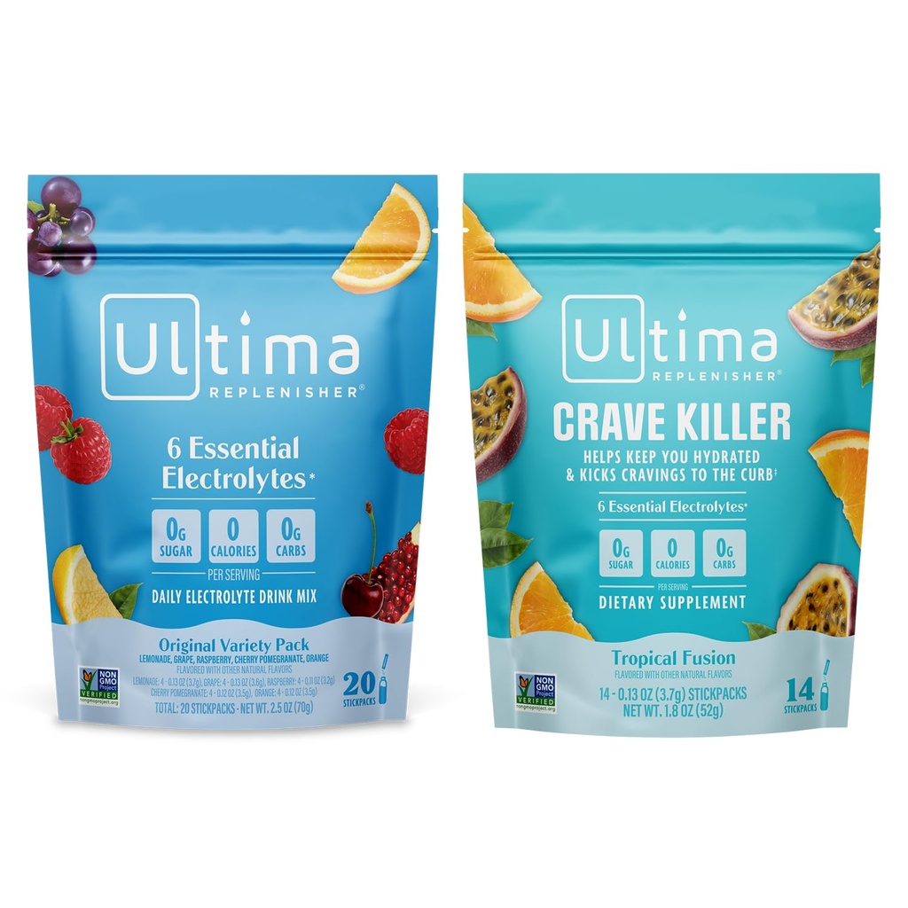 Ultima Replenisher Electrolyte Powder Drink Mix 번들 - 설탕 무료 - 다양성, 크레이브 킬러 - 20 Stickpacks, 14 Stickpacks - 6 Electrolytes 및 Minerals - Keto Friendly, Vegan, Non-GMO