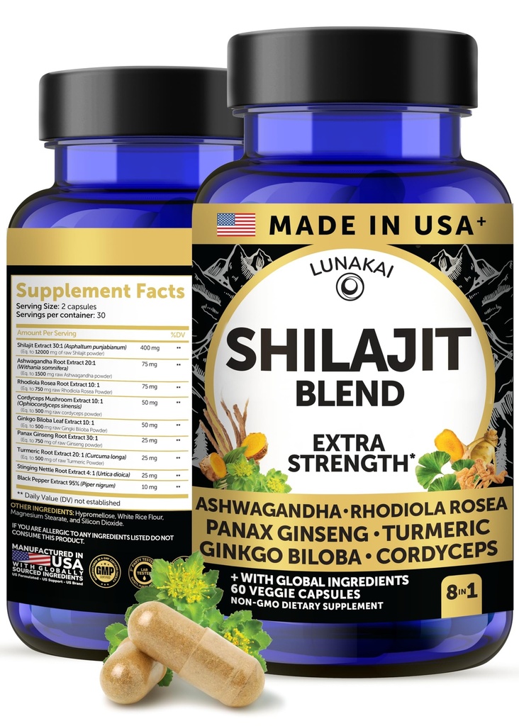 Lunakai USA는 Ashwagandha, Rhodiola 및 Cordyceps와 순수한 Shilajit 캡슐을 만들었습니다 - 남성 및 여성, 60ct에 대한 추가 강도 Shilajit 추출물