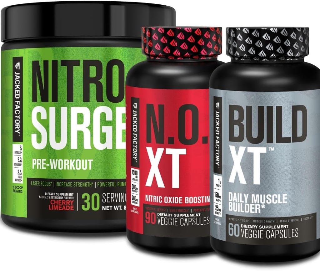 Jacked 공장 Nitrosurge 전 운동, N.O. XT Nitric 산화물 보충교재 & 구조 XT 매일 근육 건축업자 뭉치