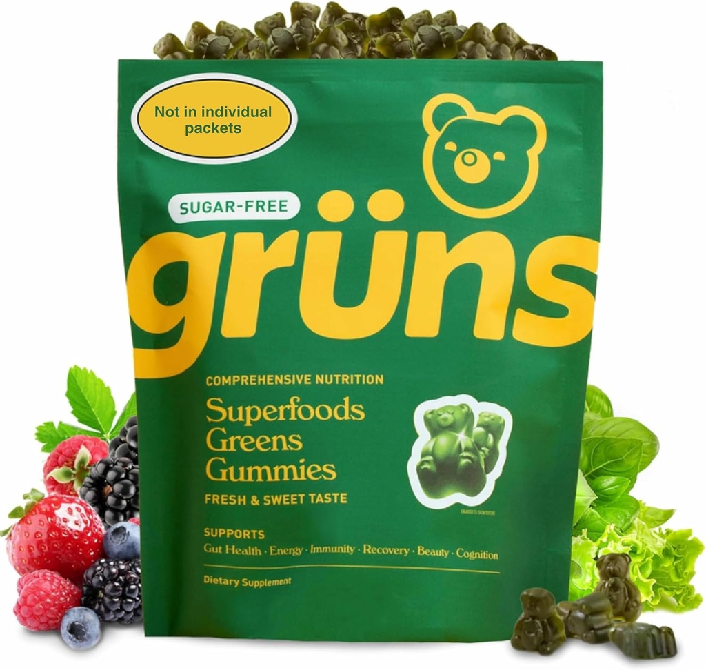 Gruns 성인 설탕 자유로운 최고 녹색 Gummies - Spirulina, Chlorella, Digestive 건강을 위한 섬유 & Prebiotics를 가진 Superfood Gummy 곰, 20 비타민 & 무기물, 2 주 공급을 가진 Adaptogen 보충교재