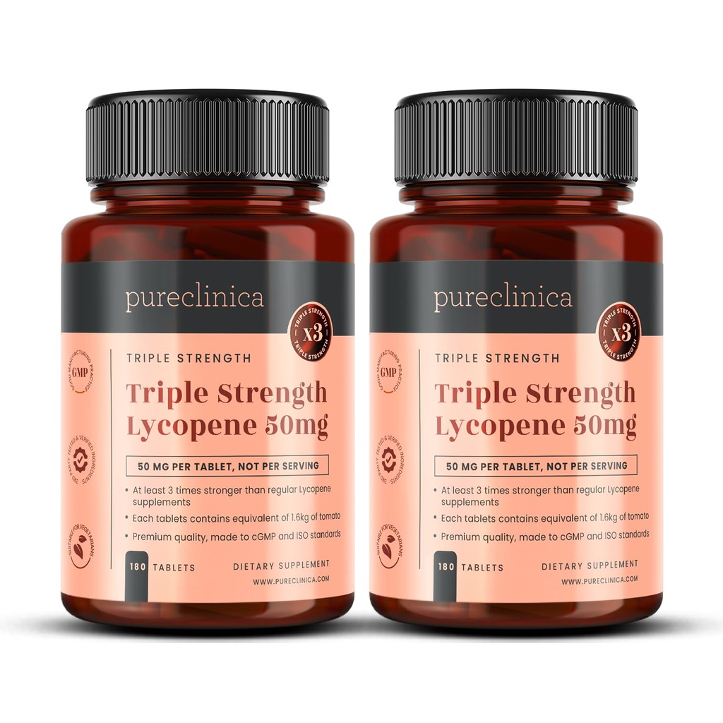Pureclinica Lycopene 보충교재 50mg – 고강도 토마토 추출물 산화 방지제 – 360의 정제 (1 년 공급) – 전립선 건강, 심장, 눈 & 피부 지원 – GMO 무료