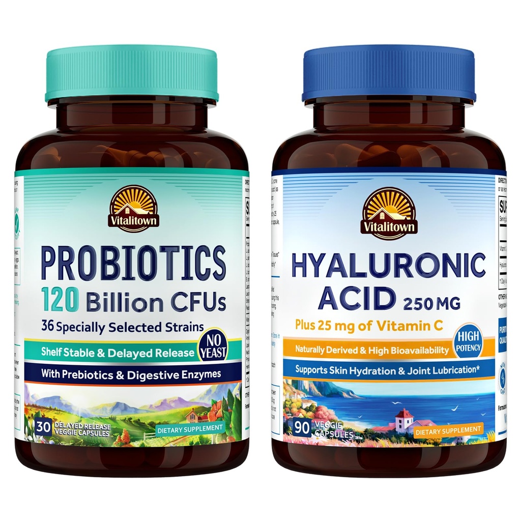 Vitalitown Gut-Skin 번들 (팩 2) | Probiotics 120 억 CFUs (품목 1) & Hyaluronic 산 (품목 2) | 30 + 90 캡슐