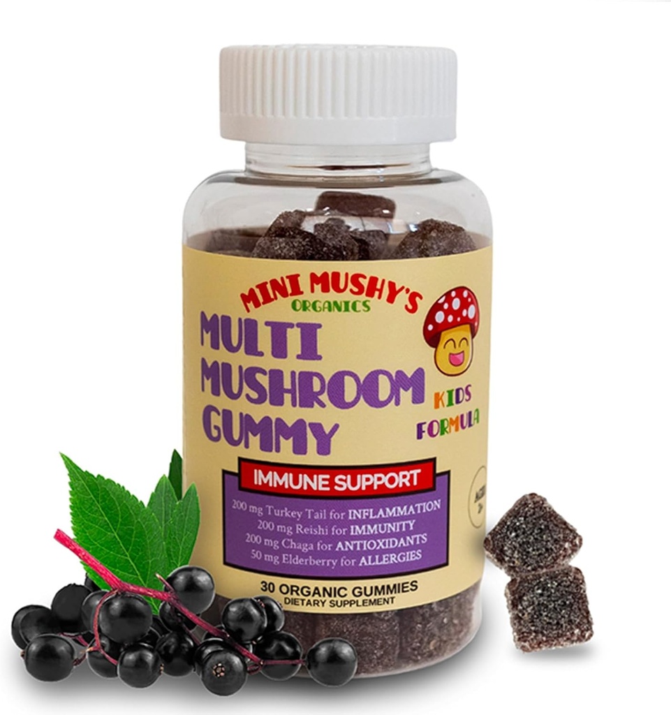 Mini Mushy's Organic Immune Support Daily Gummies | 터키 꼬리, Reishi, Chaga Mushrooms, Elderberry | 어린이 연령 2 + 자연 색상, 알레르기 친화적 인, 낮은 설탕 | 딸기 맛 - 30 개