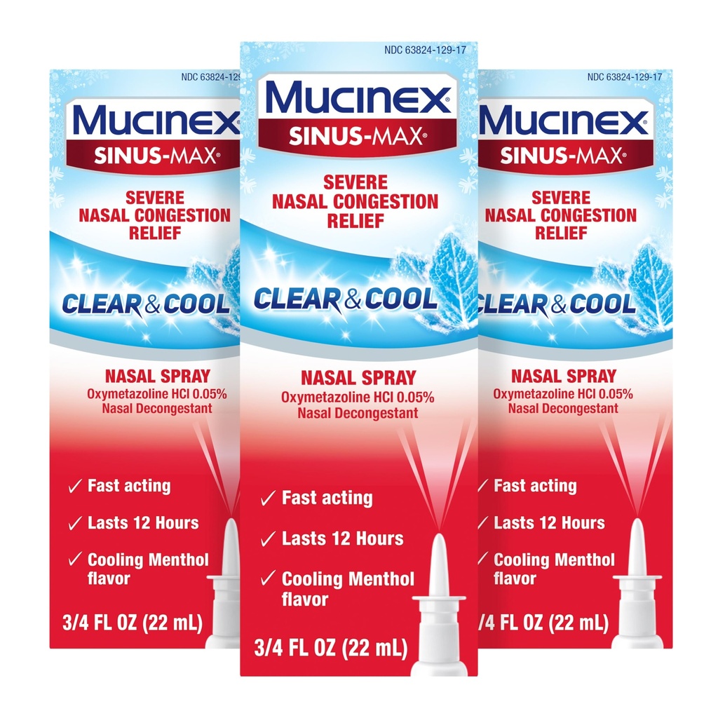 Mucinex Sinus-Max Nasal 살포 Decongestant의 성인을 위한 12 시간 상부 약물 Nose 살포, Nasal Decongestants, 냉각 Menthol, 0.75 Fl Oz (포장 3)