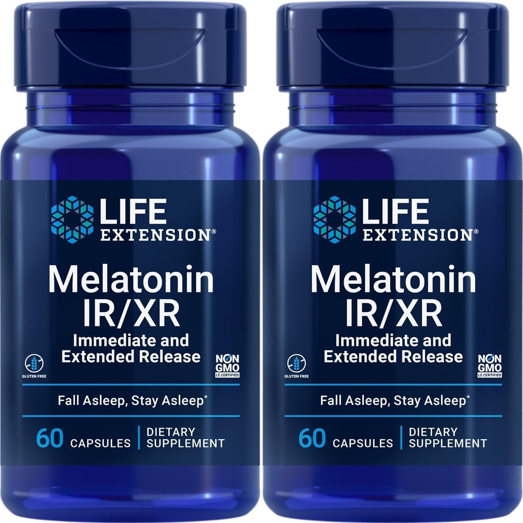 수명 연장 Melatonin IR/XR, 1.5 mg, 즉시 및 최선 수면 지원, 건강한 circadian Rhythms, 세포 방어, 글루텐 자유로운, 비 GMO, 2 x 60 캡슐을 위한 장시간 방출 공식