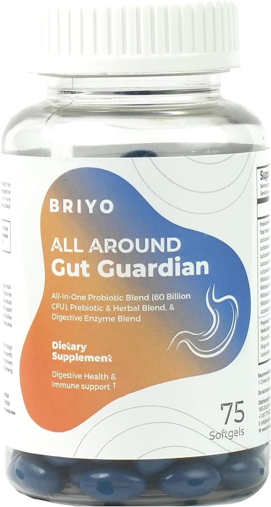 Briyo Gut Guardian Gut Health Support - 60 억 CFU Probiotics, Prebiotics, Digestive Enzymes 및 소화 및 면역 건강을위한 허브 - 호흡 완화, Diarrhea, 가스 및 Bloating
