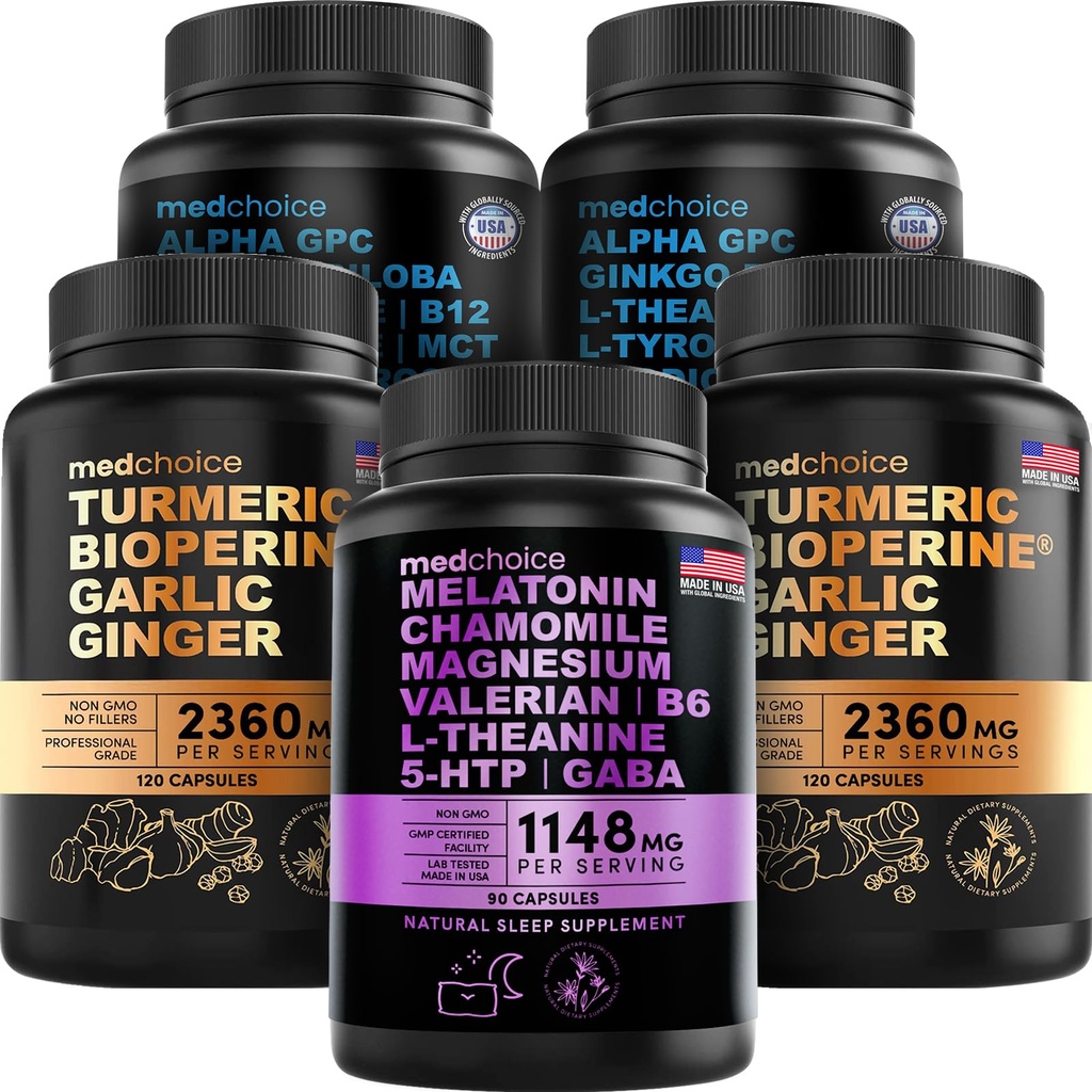 MEDCHOICE Sleep Melatonin (90ct), Turmeric & Ginger (240ct) 및 Nootropic Brain (120ct) 보충 번들 - 뇌, 수면, 및 면역 지원을위한 웰빙 트리오 - Vegan, Non-GMO, 글루텐 프리