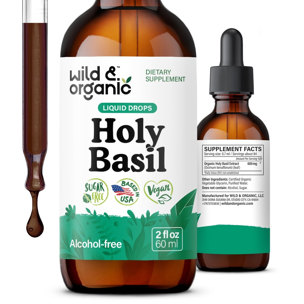 야생 & 유기 성 바실 리프 테닉 - 휴식, 칼름, 무드 지원 - Tulsi Holy Basil Supplement - Vegan, Sugar & Alcohol-Free Herb Extract Drops - 2 fl oz