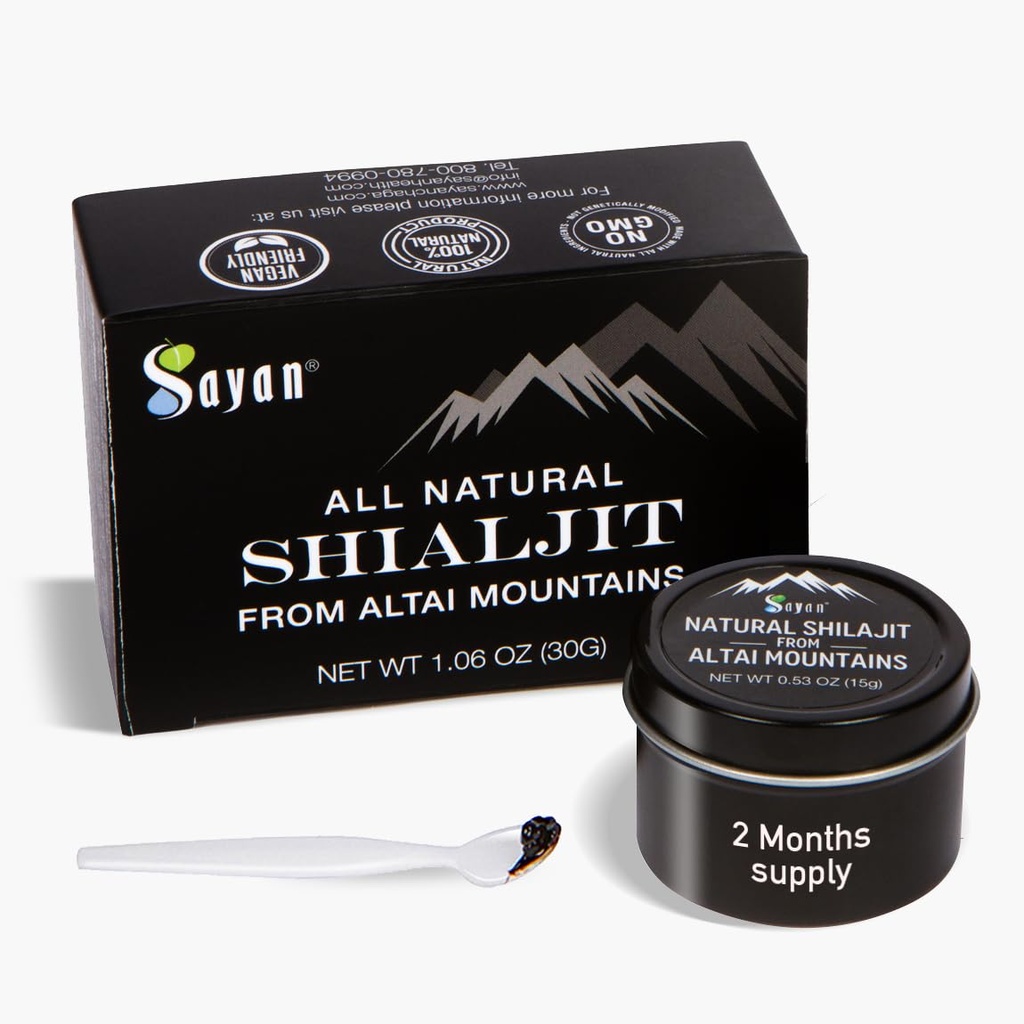 Sayan Pure Authentic Altai Shilajit Resin - 15 Gram, 2 개월 공급 - Immune System, Energy, & Detox - Vegan, Non-GMO를 지원하는 여성 및 남성을위한 높은 효능 유기 Fulvic 산 보충