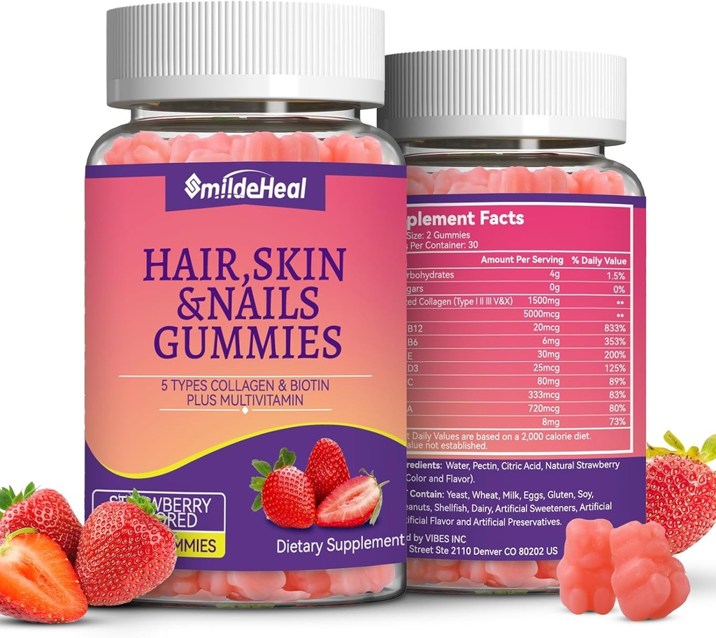 2 팩 머리 피부와 여성을위한 Biotin Collagen 비타민과 손톱 Gummies - 건강한 머리카락, 피부 및 손톱 지원 - 120 카운트