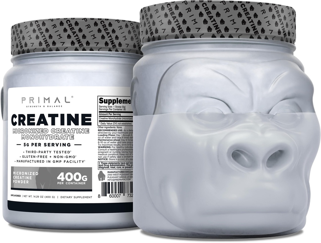 Primal Creatine Monohydrate 분말 (400 그램) | 사전 운동 및 회복을위한 Unflavored Micronized Creatine 근육 개발 보충교재 | 5g Creatine Monohydrate