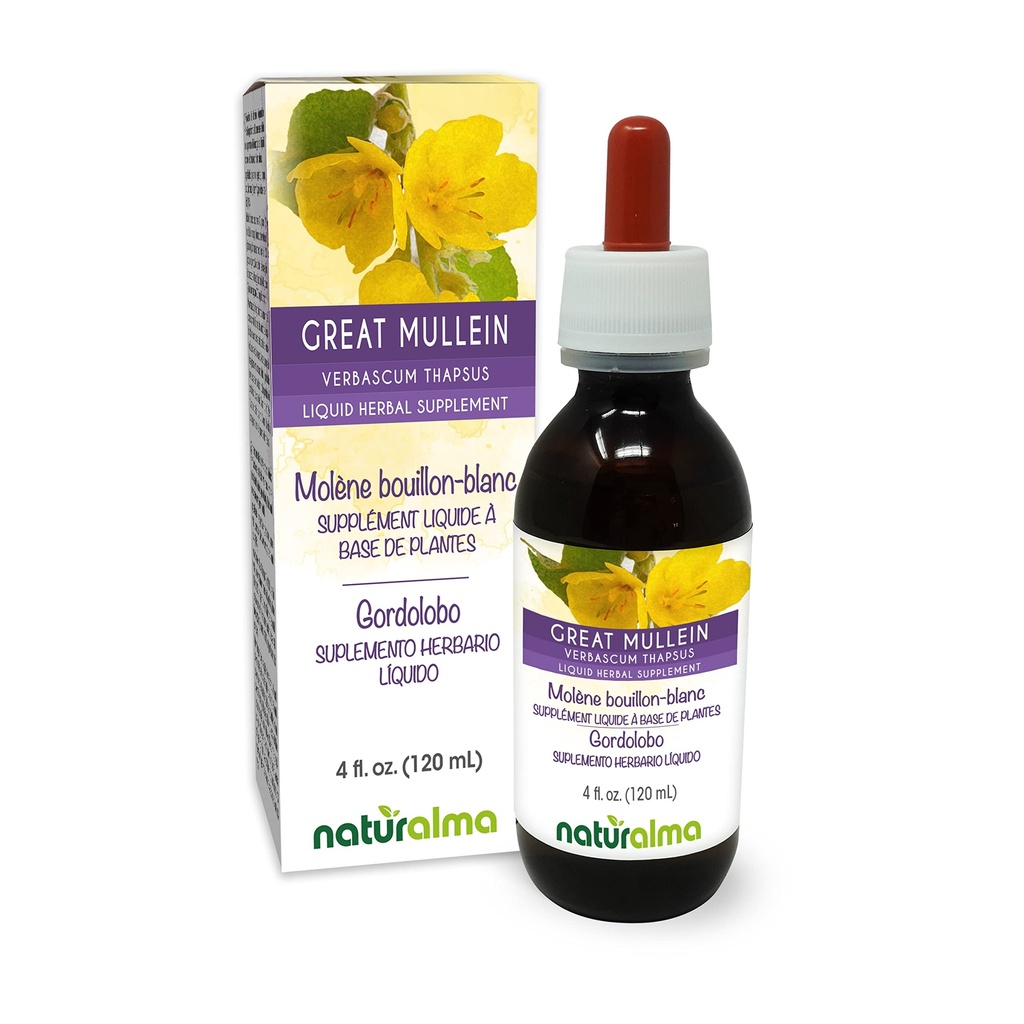 Naturalma Great Mullein 또는 Common Mullein (Verbascum thapsus) 꽃과 잎 알코올 - 무료 Tincture - 드롭 4 fl oz 액체 추출물 - 초본 보충 - Vegan