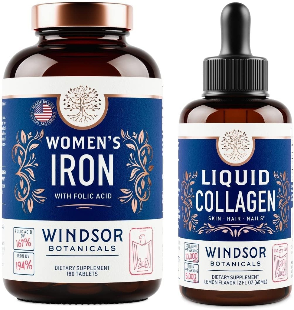 WINDSOR BOTANICALS 액체 콜라겐 및 철 여성 Beaty 및 웰빙 번들