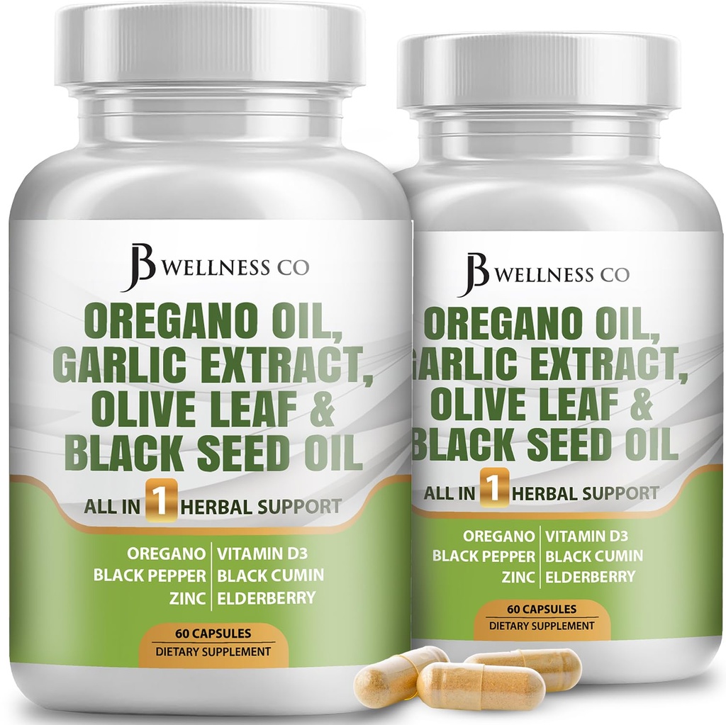 JB Wellness Oregano Oil, 마늘 추출물, Astragalus와 올리브 리프 - 여성과 남성을위한 면역력 보충 - 120 조사