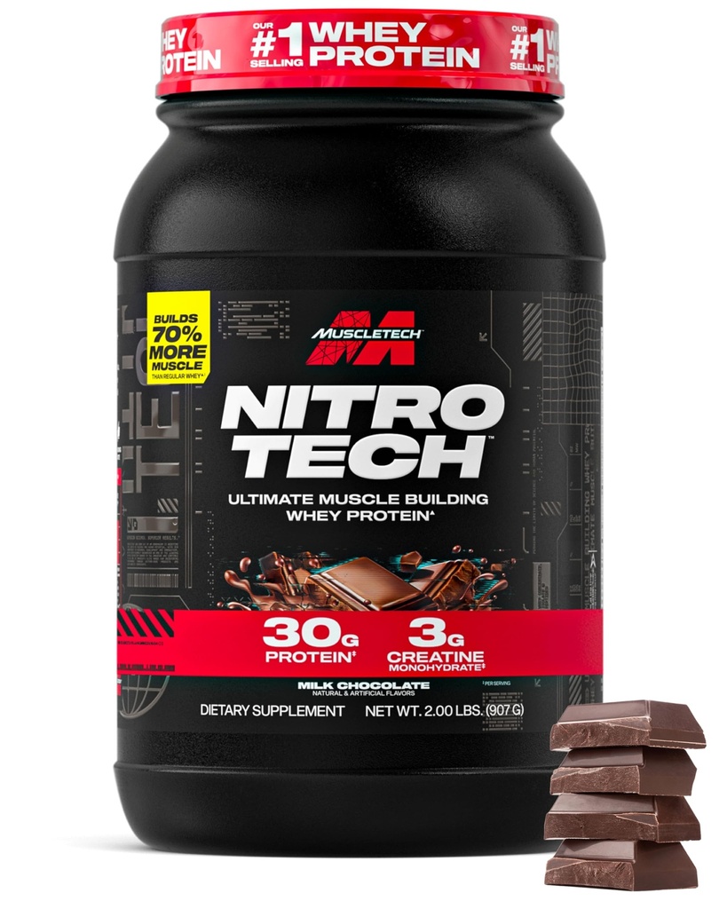 Muscletech Whey Protein Powder (밀크 초콜릿, 2 파운드) - 니트로 테크 Whey Protein Isolate가있는 궁극적 인 근육 건물 공식 - 단백질 30g, Creatine의 3g & BCAA의 6.8g - 포장 할 수있다 Vary