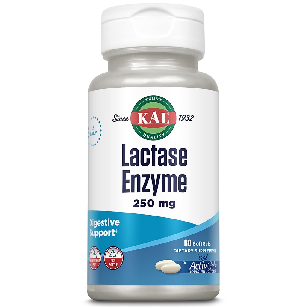 KAL Lactase 효소 250 mg의 Lactose Intolerance를 위한 건강한 소화 지원, Soy, 250 FCC 단위, 30 봉사, 60 SoftGels 없는 만드는 액체 채워진 ActivGels