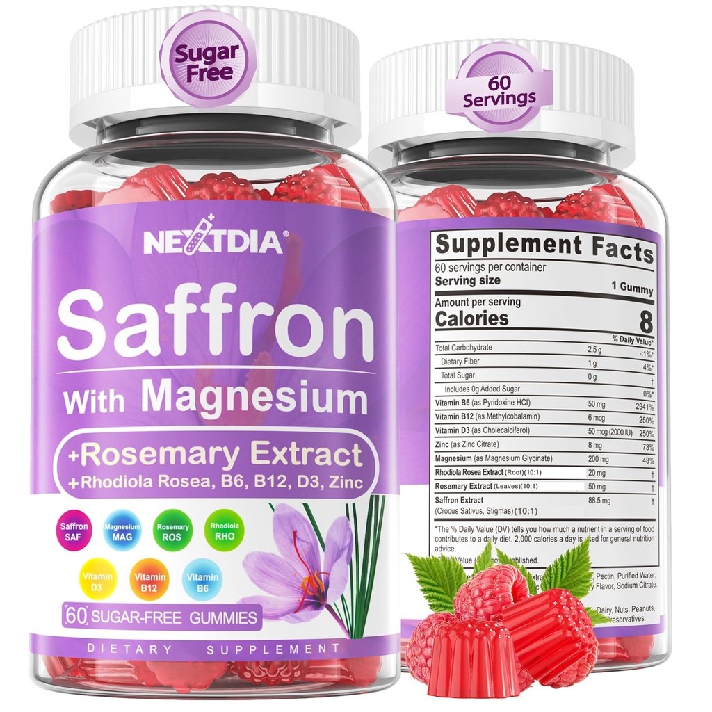 마그네슘 글리세린 Gummies를 가진 Saffron, 2 달 공급 -Sugar 무료 마그네슘 400/200mg w/Saffron, Rhodiola, Rosemary, B6, B12, S-leep, Calm, Focus, Relax, Nerve, Melatonin 무료 Gummies를 위한 D3