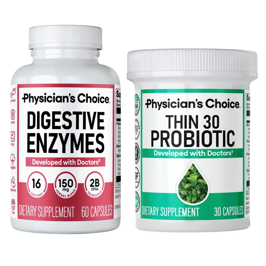 Physician's CHOICE - Bloat + 지원 무게 관리 번들 : 소화 효소 + Thin-30 Probiotic