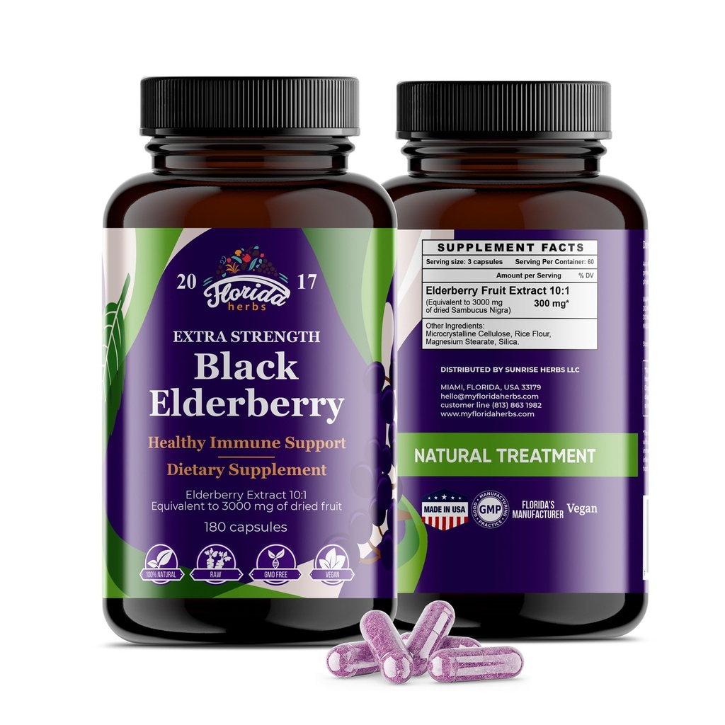 블랙 엘더베리 캡슐 | 180 개 | Sambucus Elderberry Vitamins, Non-GMO, Gluten Free, Organic Elderberry Extract Sambucus Nigra
