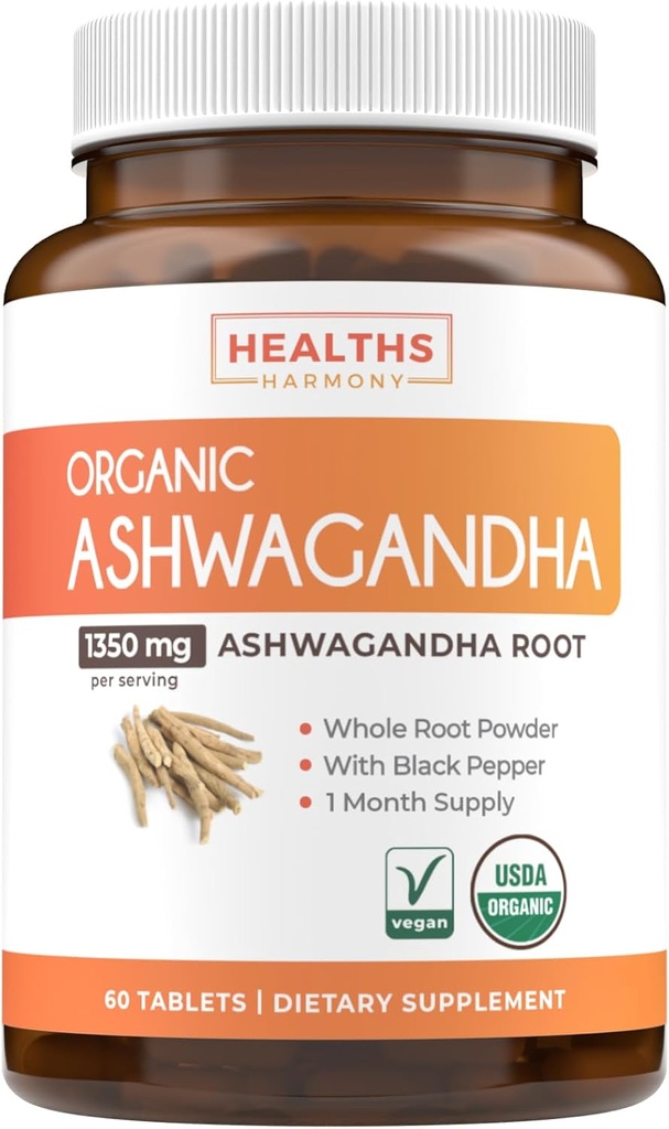 USDA 유기 Ashwagandha 보충교재 - 강화된 흡수를 위한 유기 까만 고추로 만드는 높은 힘 Ashwagandha 알약 - 미국 & 실험실에서 하는 Vegan Non-GMO Verified (1 달 공급)