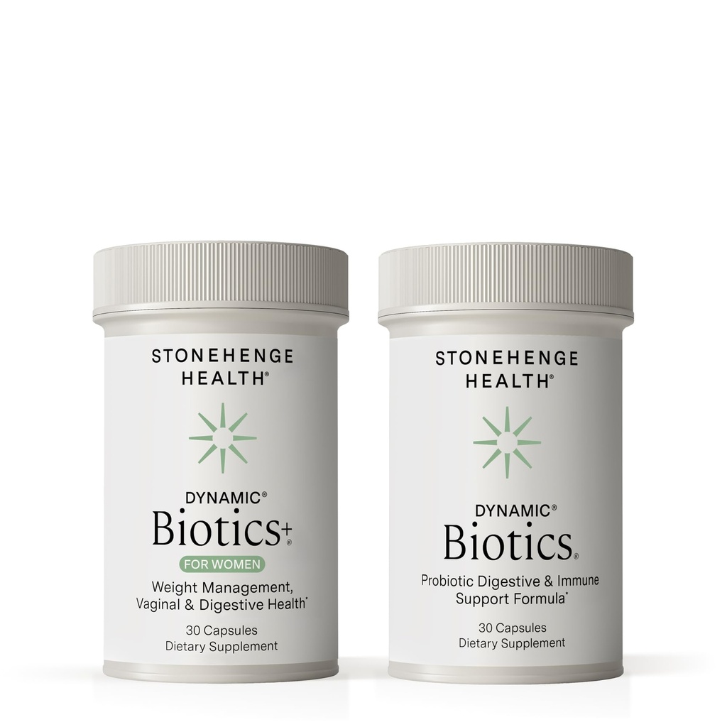 Stonehenge Health Dynamic Biotics+ for Women + Dynamic Biotics Probiotics 번들은 소화 및 Feminine 건강을 지원하기 위해 보충제를 묶습니다.