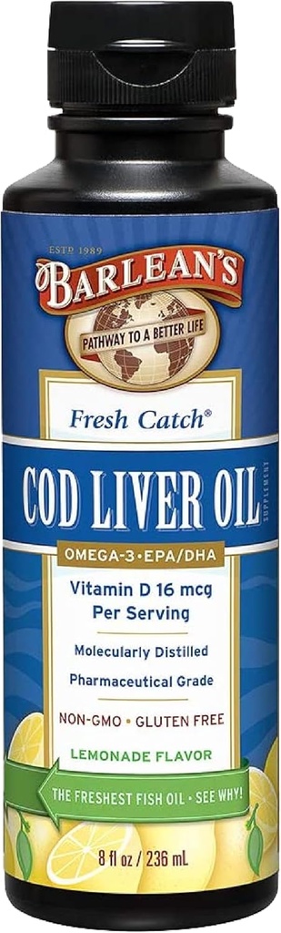Barlean의 Cod Liver 기름 액체 보충교재, 900mg EPA와 DHA 플러스 비타민 D를 가진 Omega 3 물고기 기름, 합동, 뇌 및 심장 건강 지원, 레몬 맛, 8개 oz를 위한 보충교재