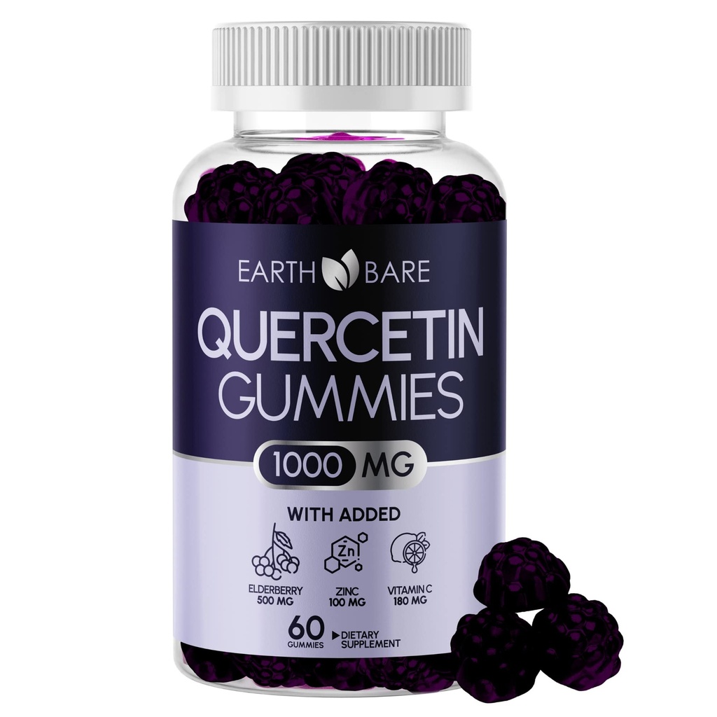 Elderberry, 아연 및 비타민 C와 함께 Quercetin Gummies - 면역 지원 보충 - 산화 방지제 및 계절 웰빙 - Vegan, 비 GMO, 천연 Berry 맛 - 60 Gummies