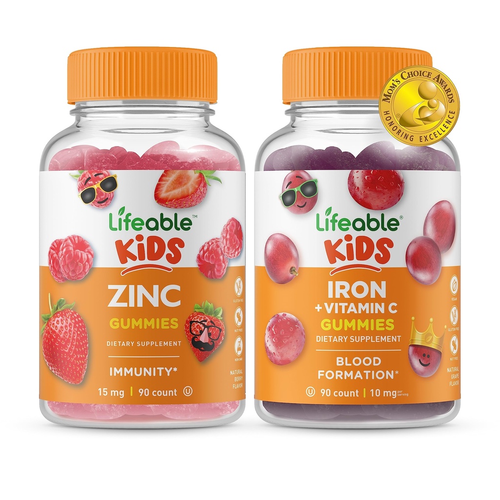 Lifeable Zinc Kids + Iron & Vitamin C Kids, Gummies 번들 - 훌륭한 타스팅, 비타민 보충, 글루텐 무료, GMO 무료, Chewable Gummy