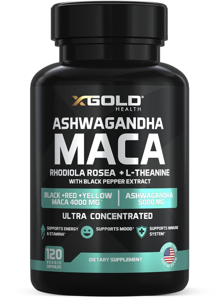 Ashwagandha 5,000mg + Maca Root Black, Red, Yellow 4,000mg, Rhodiola & L-Theanine : 30 : 1 추출물 Ashwagandha 캡슐, 20 : 1 추출물 Maca Root 캡슐 - 남성과 여성을위한 보충