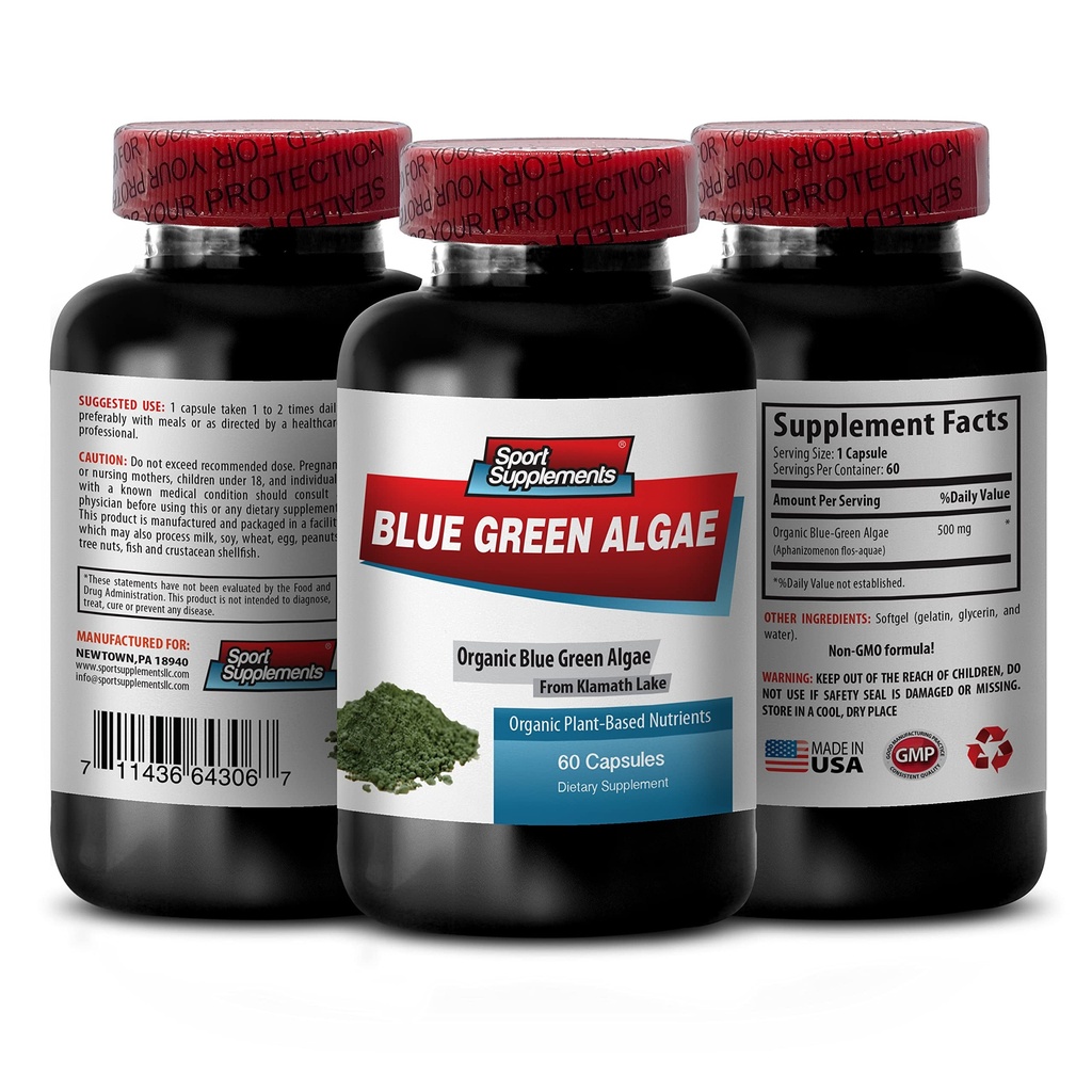 순수한 초본 보충교재 - Klamath 파란 녹색 조류 500mg - 증가 에너지 레벨, 개량 소화 및 강화 면역 체계, spirulina, chlorella, Klamath 파란 녹색 조류 분말 - 1B 60의 캡슐