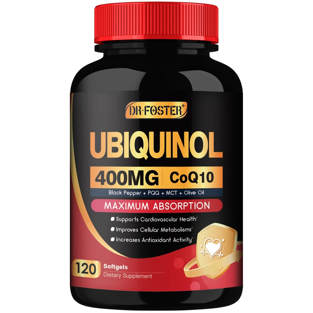 DRFOSTER Coq10 400mg Softgels Ubiquinol PQ 및 비타민 E, 올리브 오일, 심장, 뇌 및 에너지 지원 - 120 일 공급