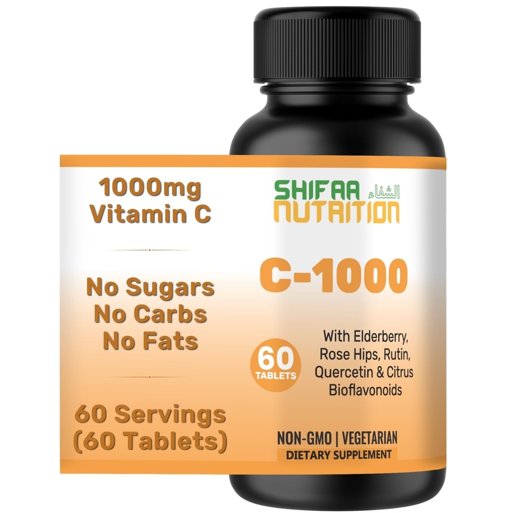 SHIFAA NUTRITION Halal 비타민 C-1000mg 정제, 60 일 공급. 비타민 C, Elderberry, Quercetin, 로즈 엉덩이 & 루틴을 가진 면역 지원 보충교재. 채식주의자, 비 GMO, 설탕 무료 & 친절한 Keto