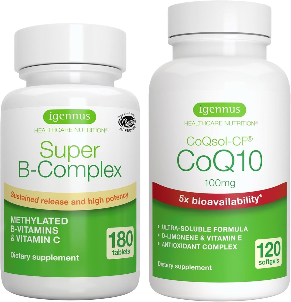 Super B-Complex 180 정제 + 높은 흡수 CoQ10 100mg 120 Softgels 에너지 뭉치, 메틸을 섞은 방출 B Complex + 비타민 E & D-Limonene를 가진 CoQ10, Igennus에 의하여