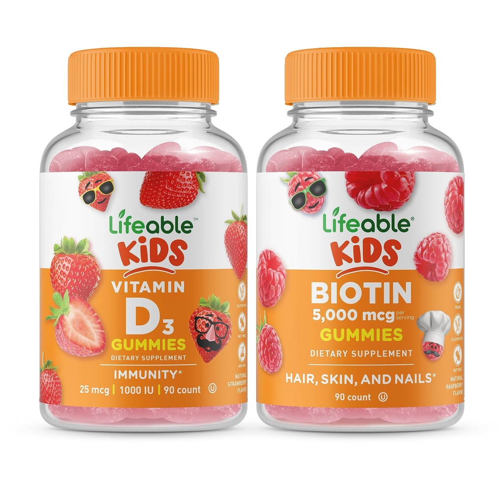 Lifeable Vitamin D Kids + Biotin Kids, Gummies Bundle - 훌륭한 타스팅, 비타민 보충, 글루텐 무료, GMO 무료, Chewable Gummy