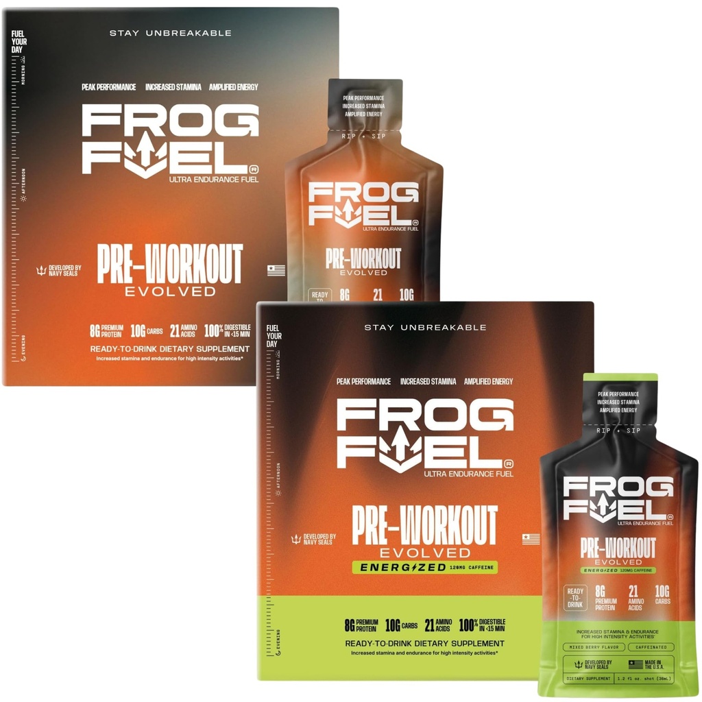 Frog Fuel Ultra & Ultra Energized Pre 운동 샷 번들 1500mg Beta Alanine, Electrolytes 8g Protein Nano-Hydrolyzed Grass Fed Collagen, 10g Carbs, Berry, 1.2 oz Packets, 48 팩