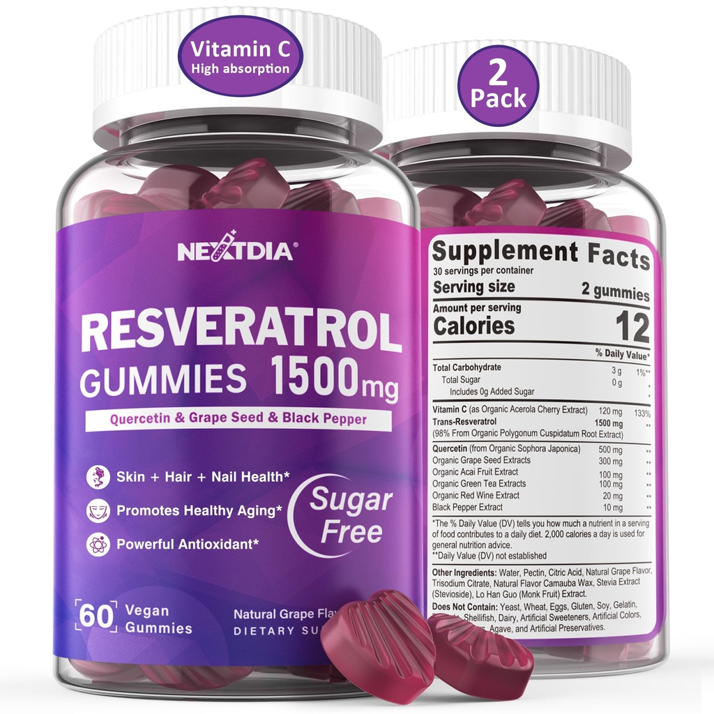 Resveratrol 보충교재 1500mg - Resveratrol Gummies 지원 NAD+, NMN & NMNH Synergy, Quercetin와 더불어, 포도씨, Acai Berries는 산화 방지제, 건강한 노후화 & 장수, 피부, 두뇌를 위해 추출합니다 - 2Pcs