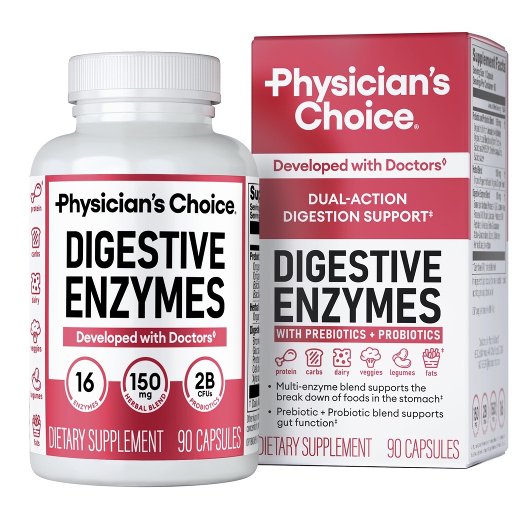 Physician 's CHOICE 소화 효소 Bloating & Digestion - Gut & Digestive 건강을위한 유기 Prebiotics 및 Probiotics가있는 16 효소 - 식사 시간 불편 완화 - 이중 행동 지원 - 90 CT