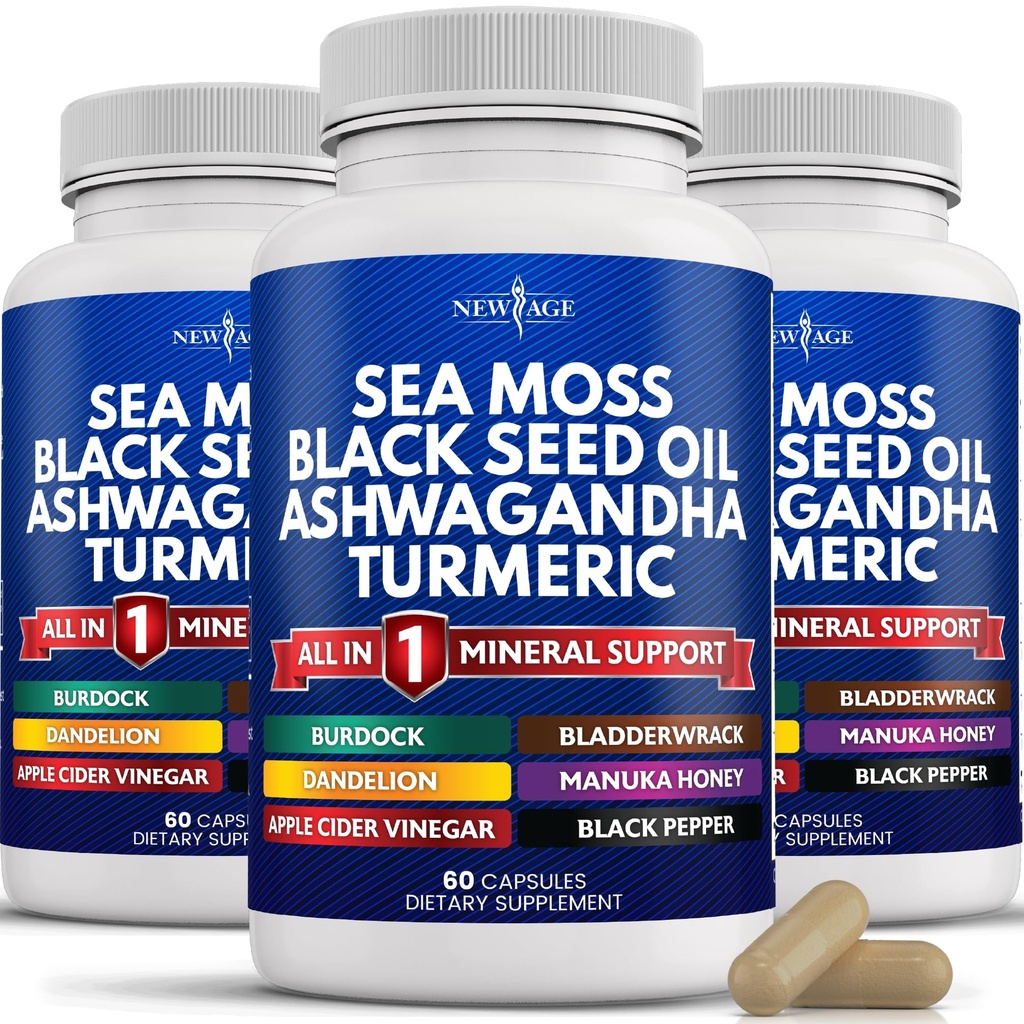 NEW AGE 실리카 바다 Moss, 블랙 씨 오일, Ashwagandha, Turmeric, Bladderwrack, Burdock - Manuka, 꿀 Dandelion, ACV 검은 후추 글루텐 무료