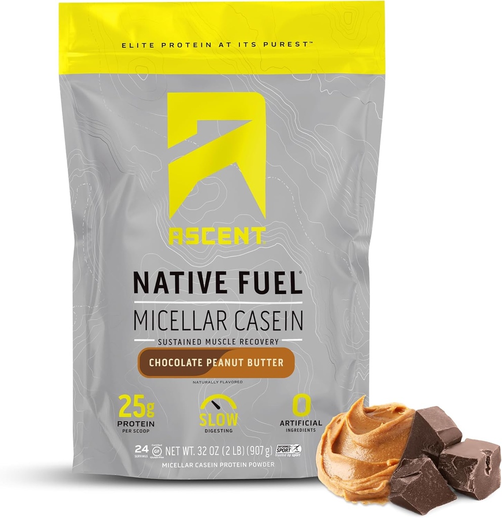 Ascent Casein Protein Powder - 25g Micellar Casein Powder with Zero 인공 향료 및 감미료, 글루텐 무료, 설탕 없음, 4.9g BCAA, 2.2g Leucine - 초콜릿 땅콩 버터, 2 파운드