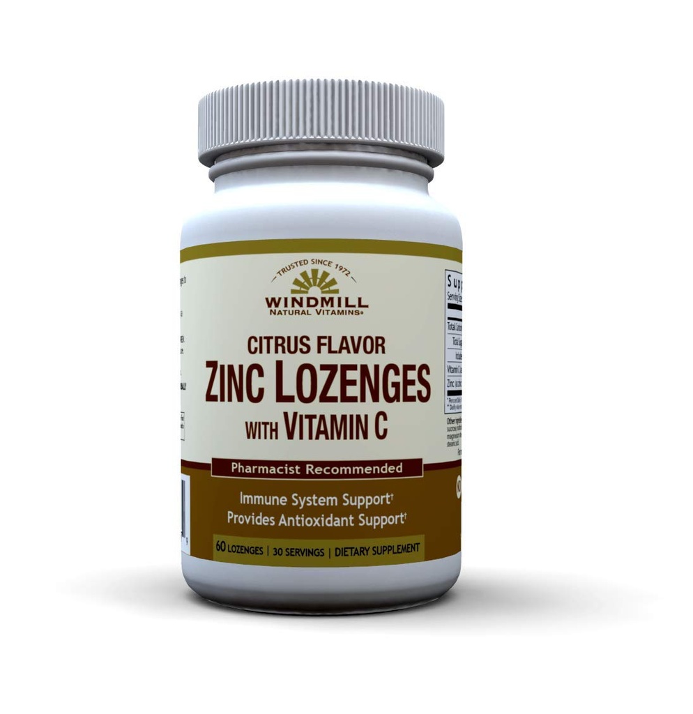Windmill Health Natural Vitamins 아연 Lozenges 비타민 C 꿀 레몬 맛, 면역 시스템 지원, 항산화 지원 제공, 맛있고 빠른 행동, 60 Lozenges, 30 서빙.