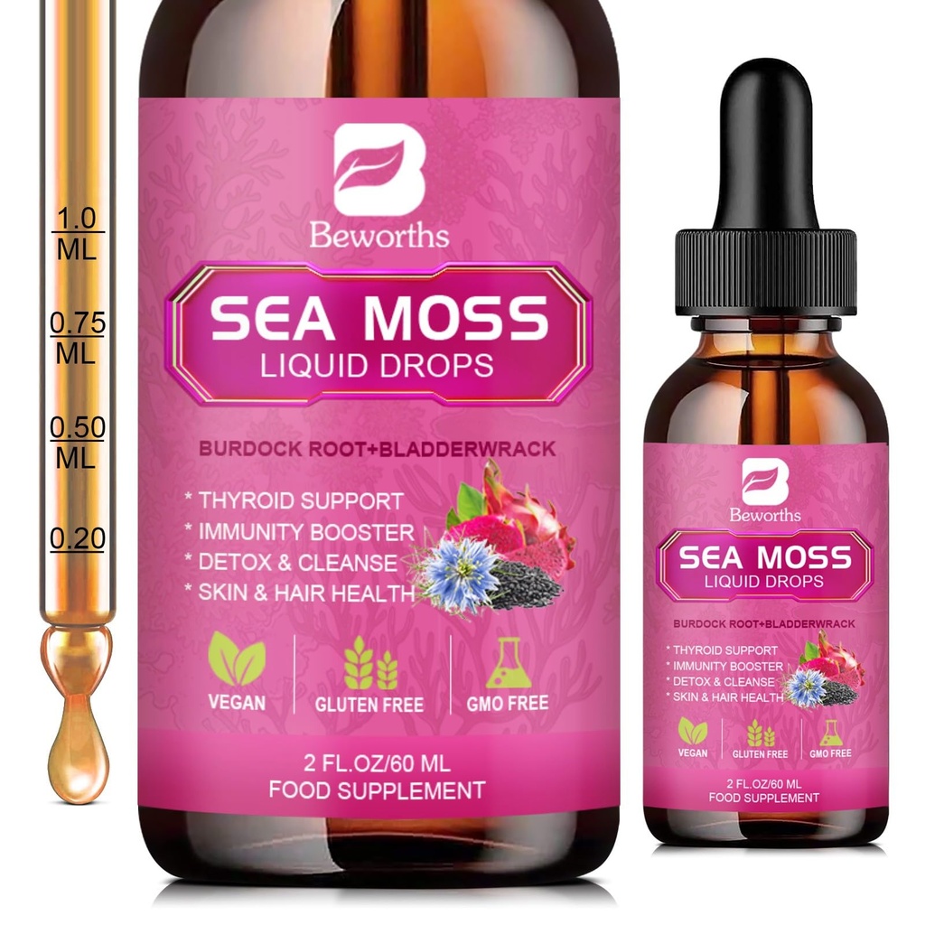 Sea Moss Liquid Drops - Burdock Root, Bladderwrack, Elderberry, 비타민 C, D3, 6X Stronger Seamoss Gel을 함유 한 유기농 블랙 씨 오일 아일랜드어 Sea Moss Gel - Vegan
