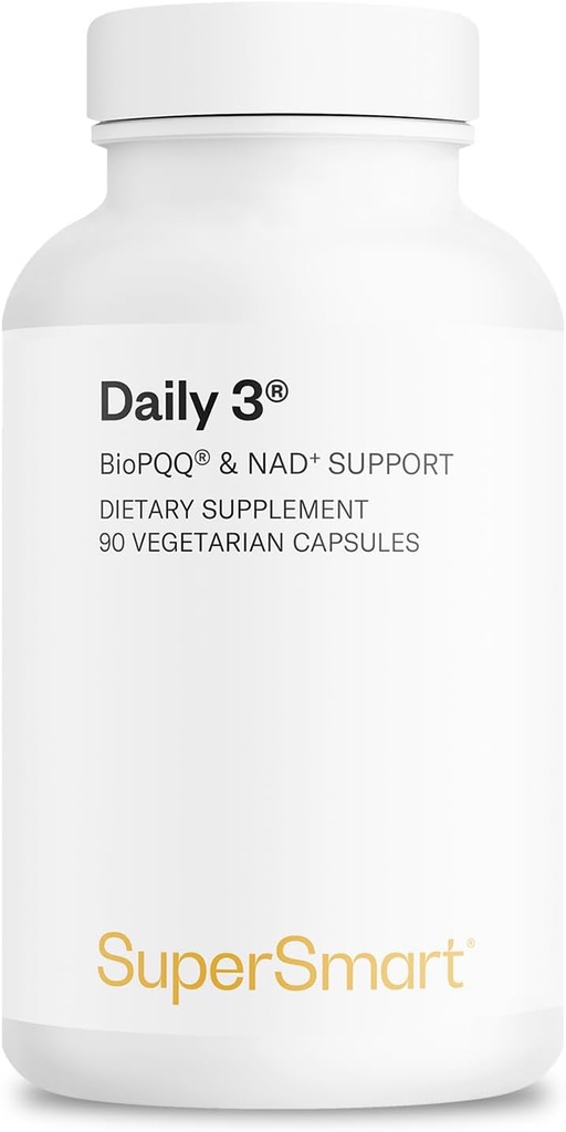 Supersmart Daily3 + Bio PQQ (All-in-One Formula) - 여성 및 남성을위한 멀티 비타민 - 45 Essential Nutrients | Non-GMO 및 글루텐 프리 | 1 개월 공급 - 90 채식 캡슐