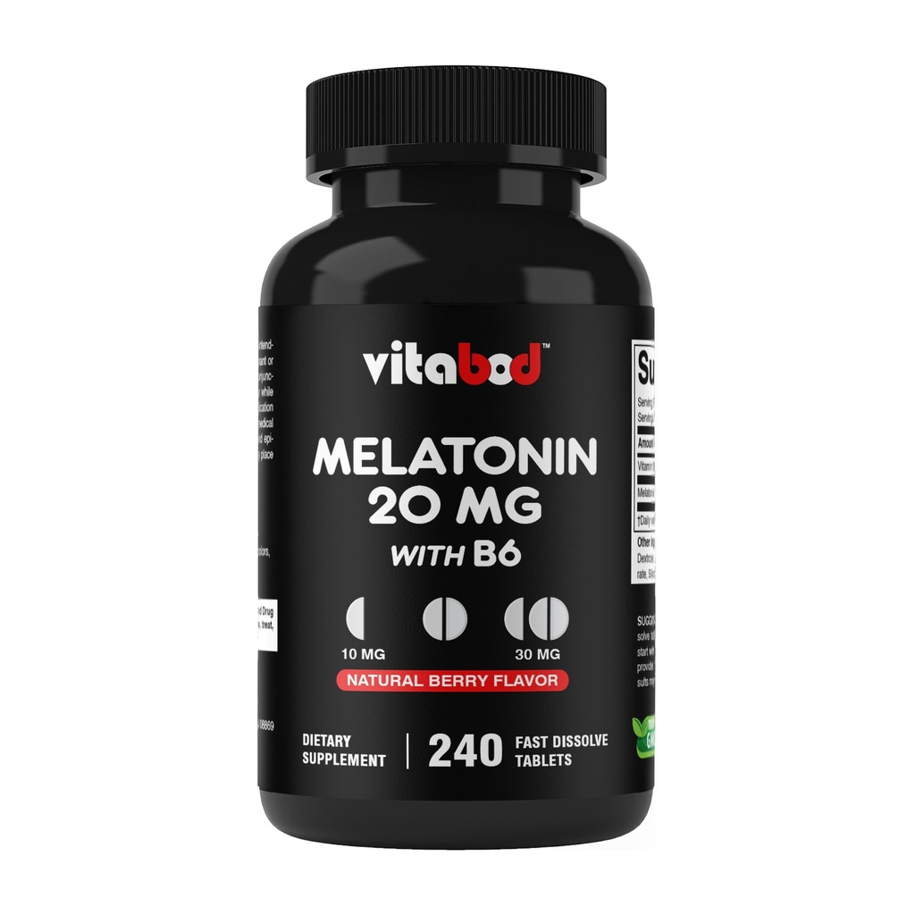 Vitabod Melatonin 20 mg - 240 빠른 용해 정제 - 약물 무료 - 천연 베리 맛 - 채식주의, 비 GMO, 글루텐 무료 240 개 (팩 1) (240 개)