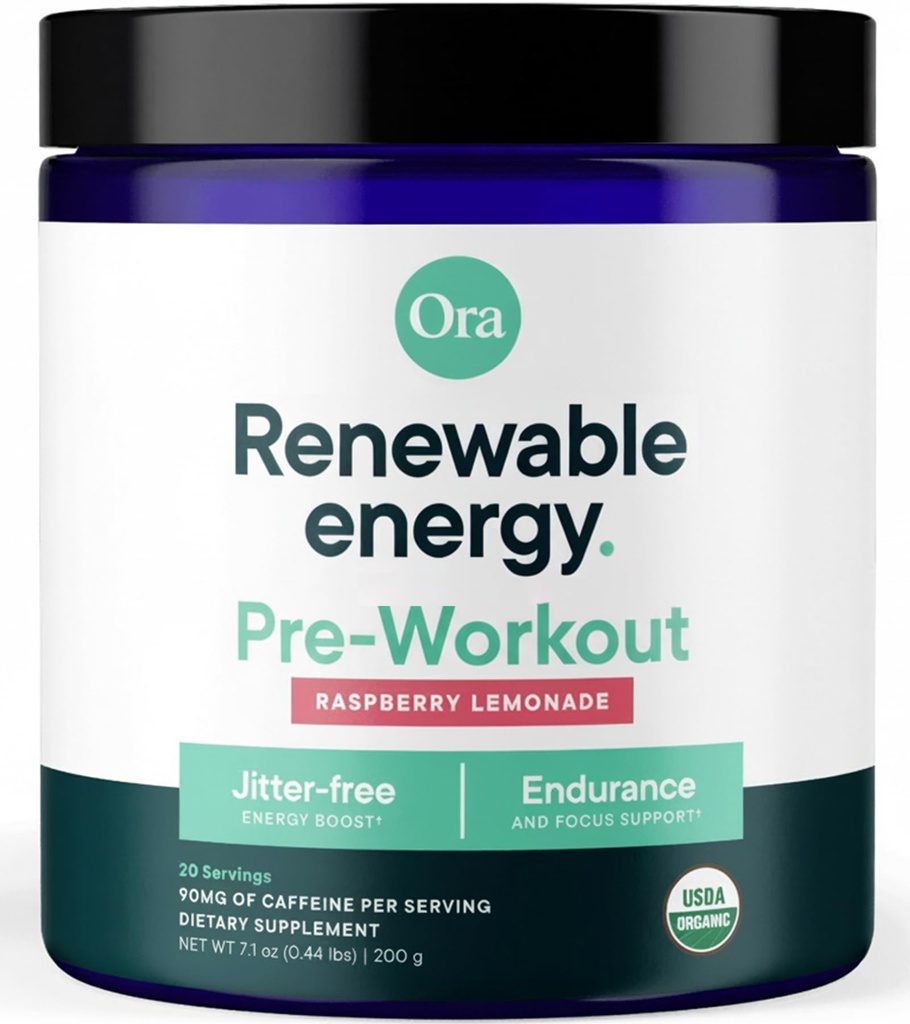 Ora Organic Natural Pre Workout Powder - Raspberry Lemonade 풍미 - Jitter Free Energy, Focus, Hydration, & Endurance - Vegan, 인증 유기농, 콩, 유제품, & 글루텐 무료, 20 서빙