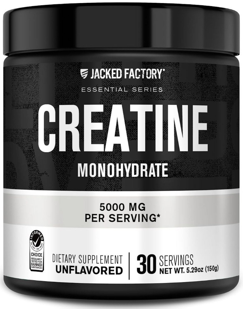 Jacked 공장 크레아틴 Monohydrate 분말 150g - 남자와 여자를 위한 5g 매일 크레아틴 보충교재, Vegan-Friendly, 제 3 자 시험되는 - 30의 서빙, 불발한